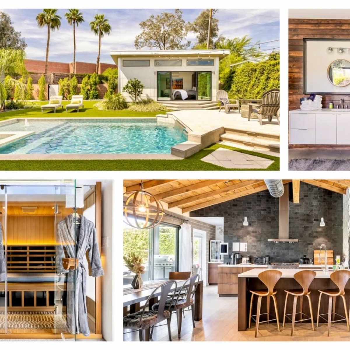 A modern house with an outdoor pool, stylish interior spaces, and a well-designed kitchen area.