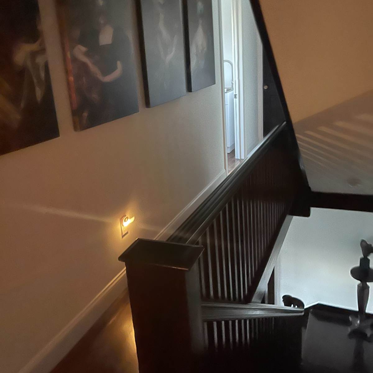 A stairway leads down to a hallway with four paintings on the wall and a door at the end.