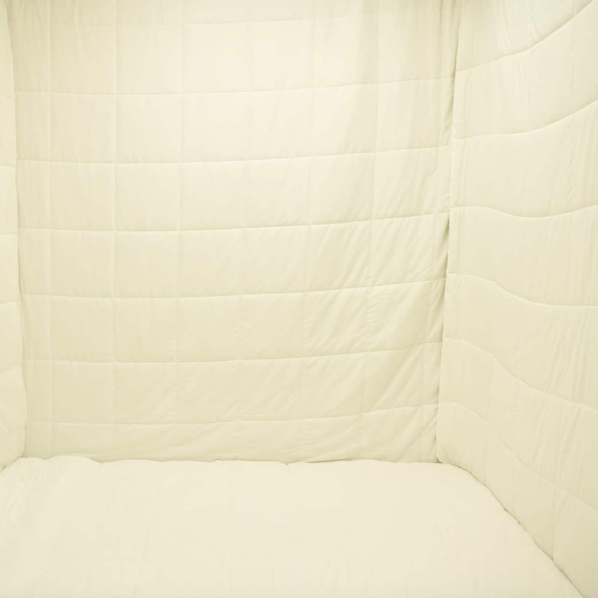 A small, empty room with padded white walls and a bare floor.