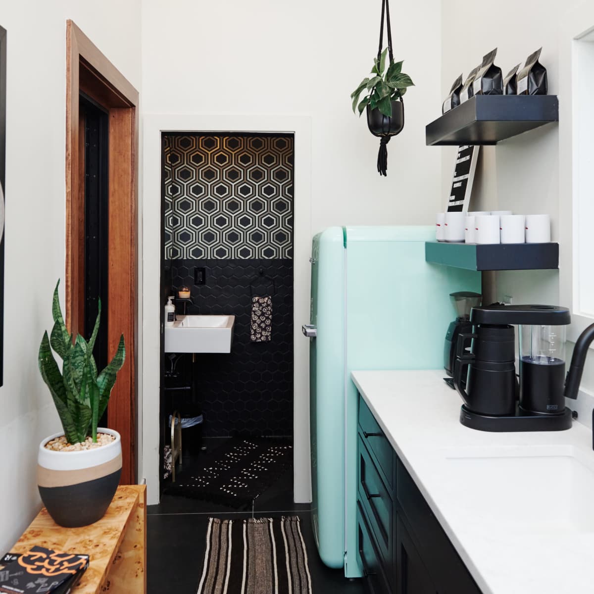 A small, modern kitchenette featuring a mint green refrigerator, black cabinetry, and a hanging plant, with a patterned backsplash in the adjacent space.