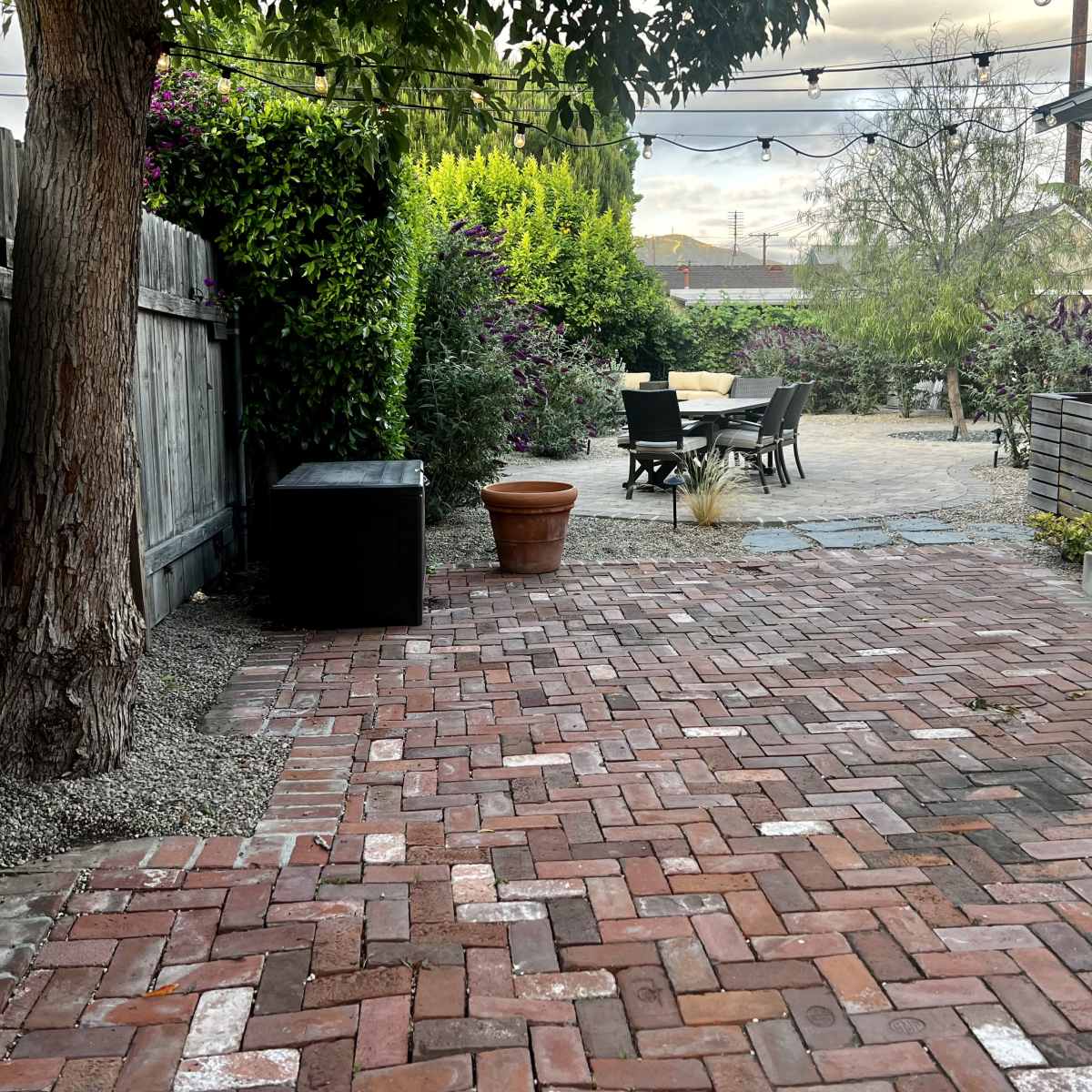 A brick patio with a black storage box and a potted plant is surrounded by greenery and outdoor furniture in a backyard.