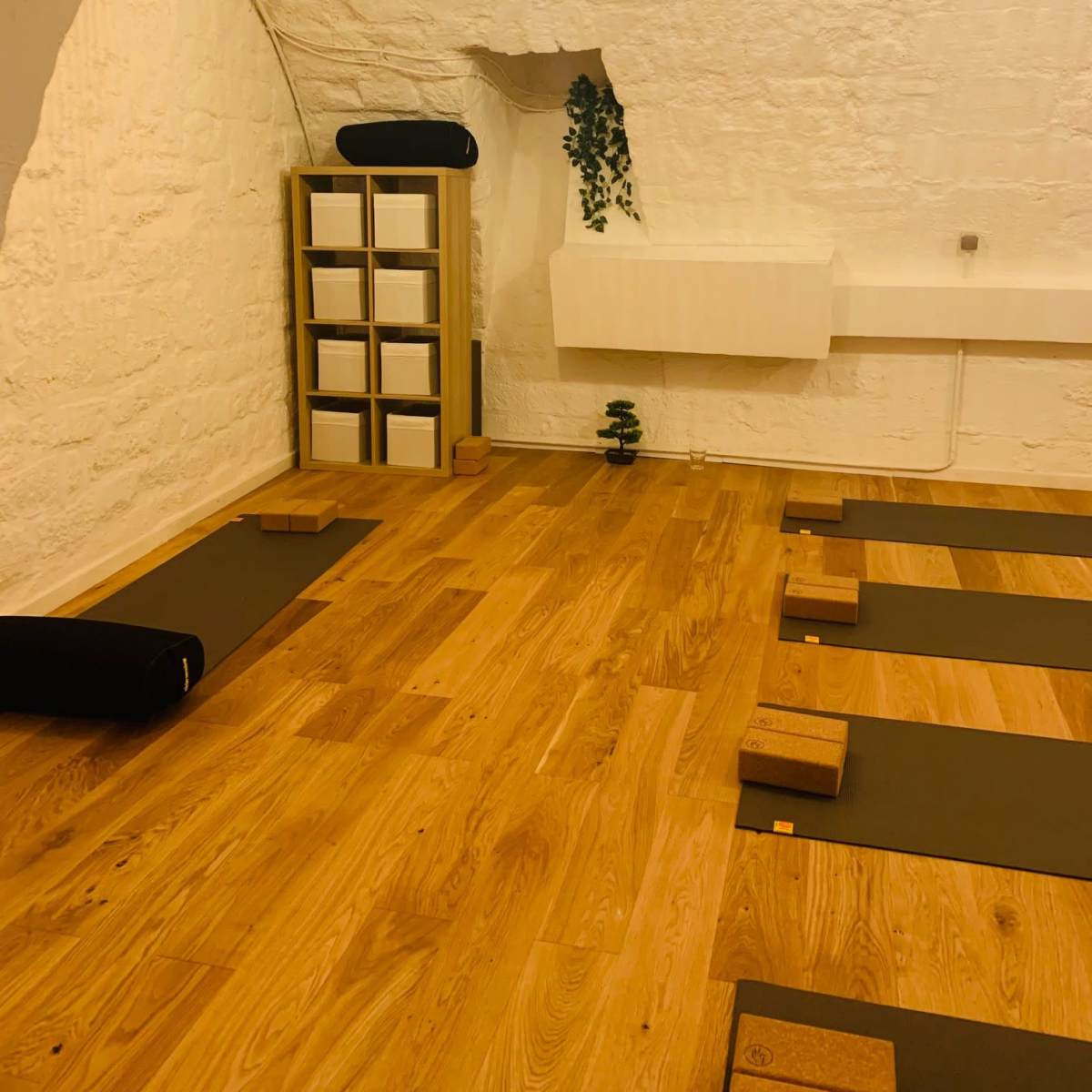 A yoga studio with wooden floors, neatly arranged mats, and a shelf filled with white storage boxes under an arched ceiling.