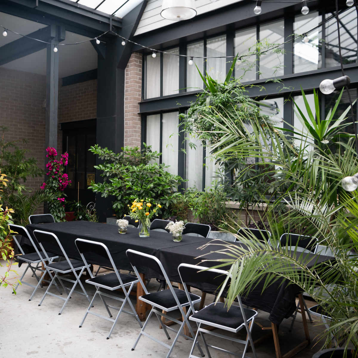 A long table is set for dining in a greenhouse filled with various plants and hanging lights.
