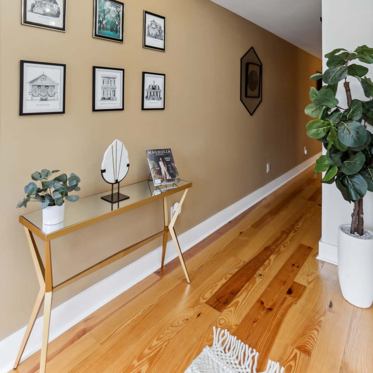 A narrow hallway features a gallery wall of framed black and white images above a mirrored console table, with a potted plant next to it and a unique light fixture overhead.