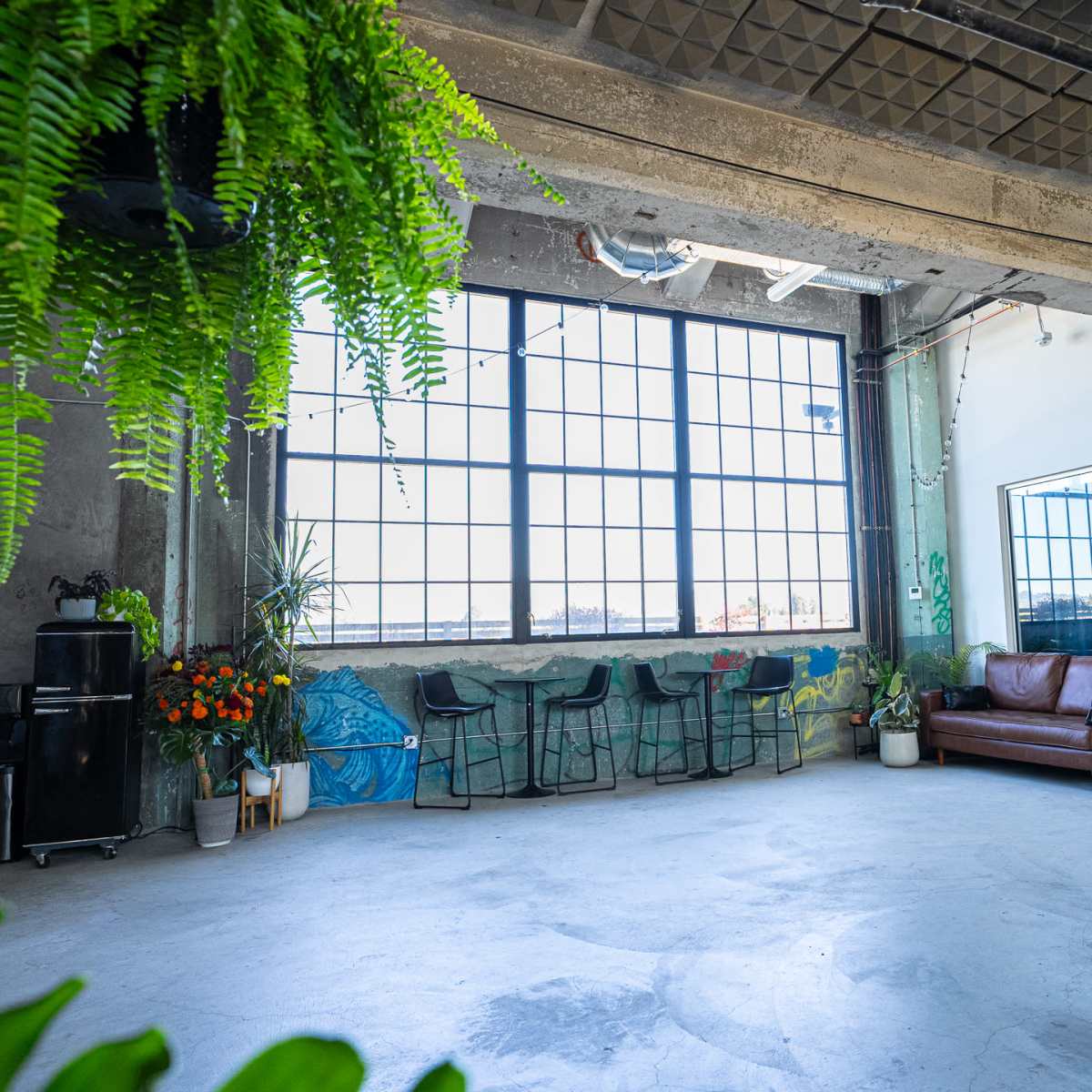 A spacious industrial-style room with large windows, concrete walls, plants, a leather couch, and modern furniture.