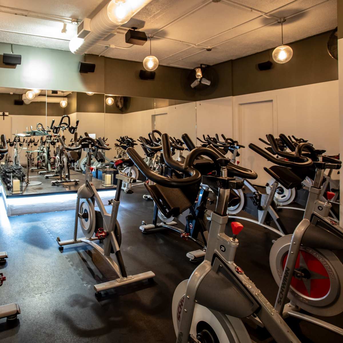 A spacious fitness studio filled with stationary bicycles arranged in rows, illuminated by overhead lights and natural light from windows.