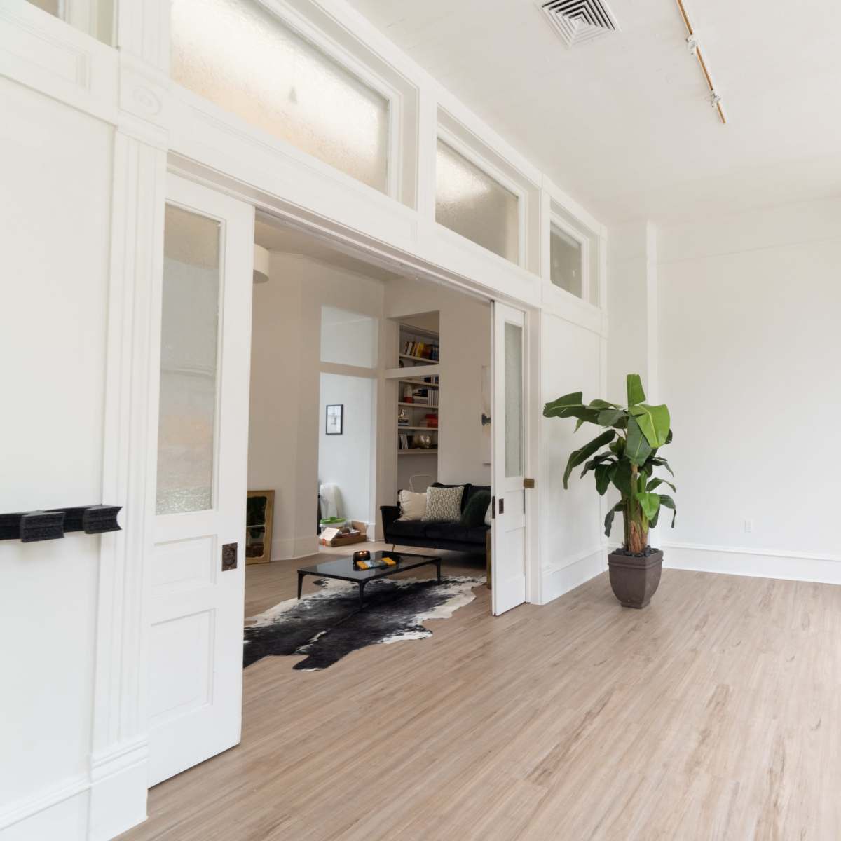 A bright, minimalist room features large windows, light wood flooring, and a potted plant near a doorway leading to a living area.