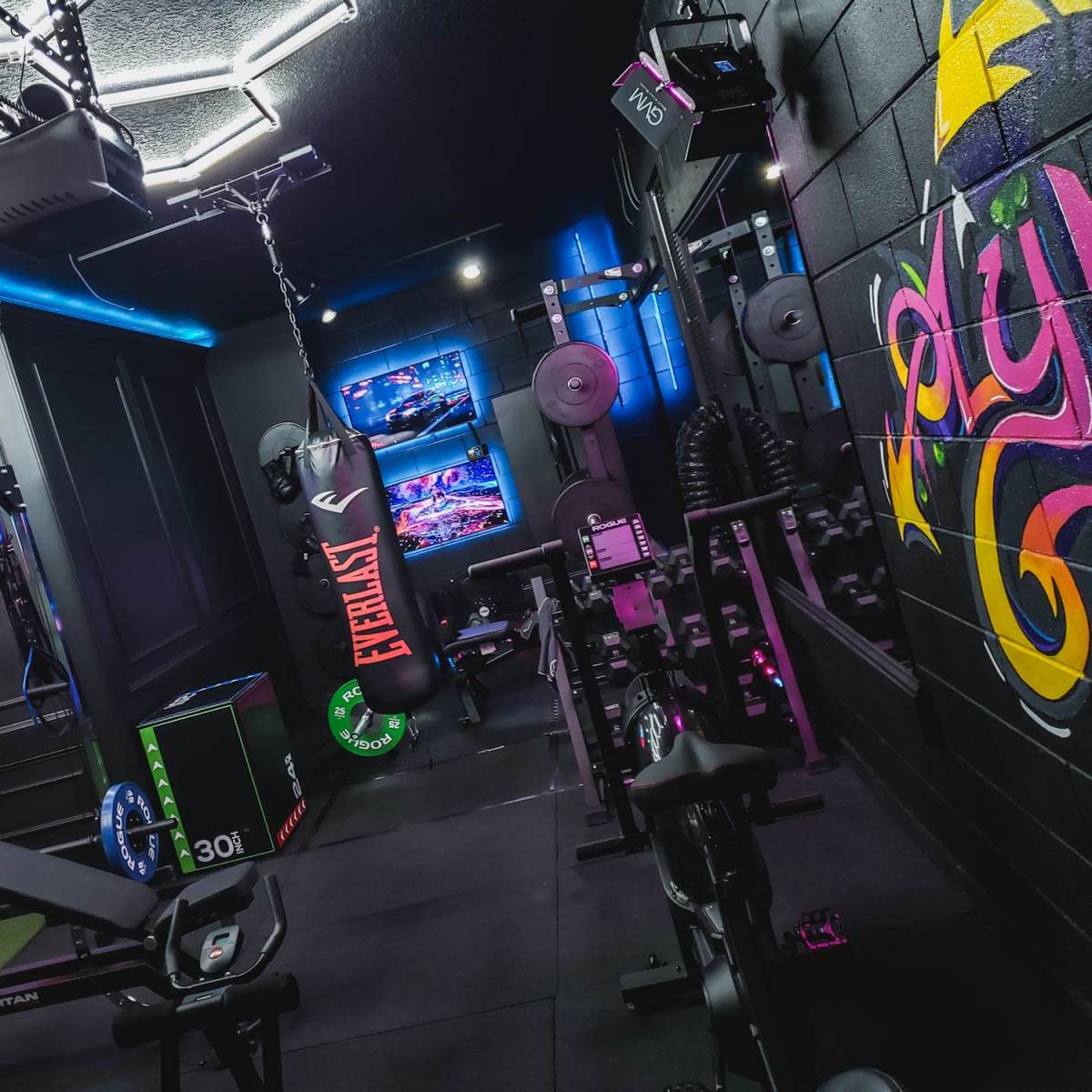 A well-equipped home gym featuring exercise machines, weightlifting equipment, a punching bag, and colorful neon lighting.