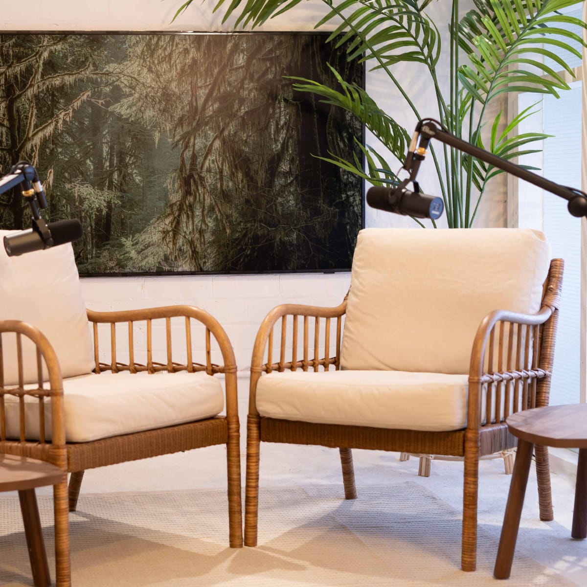 Two wicker armchairs with cream cushions positioned facing each other in a well-lit room adorned with a large nature-themed painting and tropical plants.