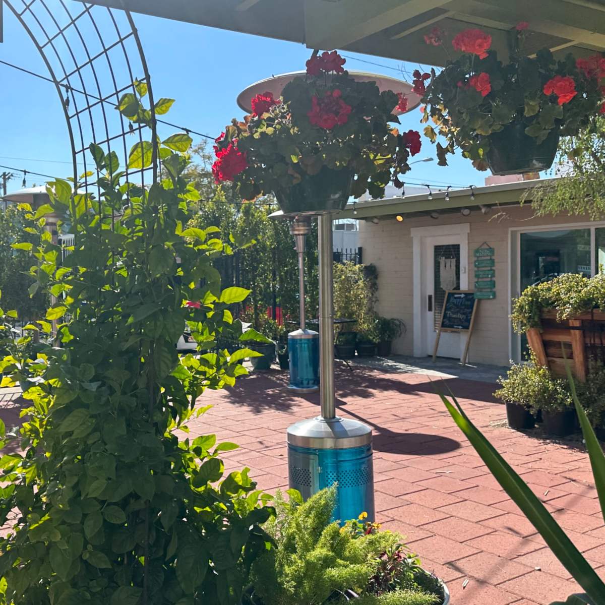 A sunny outdoor patio features greenery, hanging flower baskets, and a shaded seating area.
