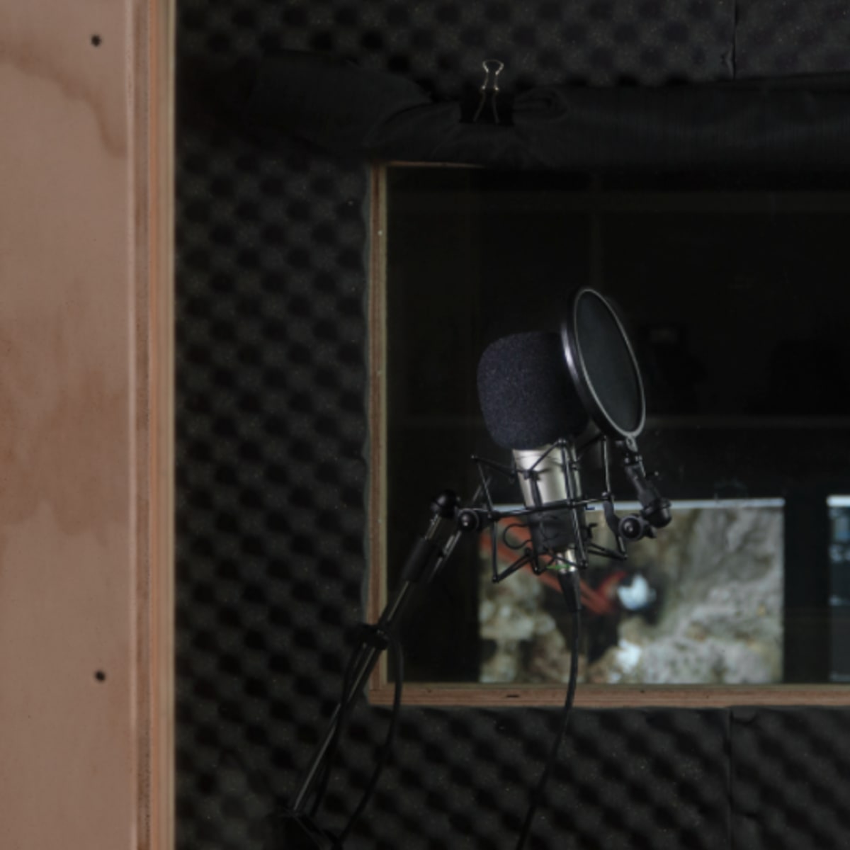 A microphone in a soundproof booth with a computer displaying audio editing software.