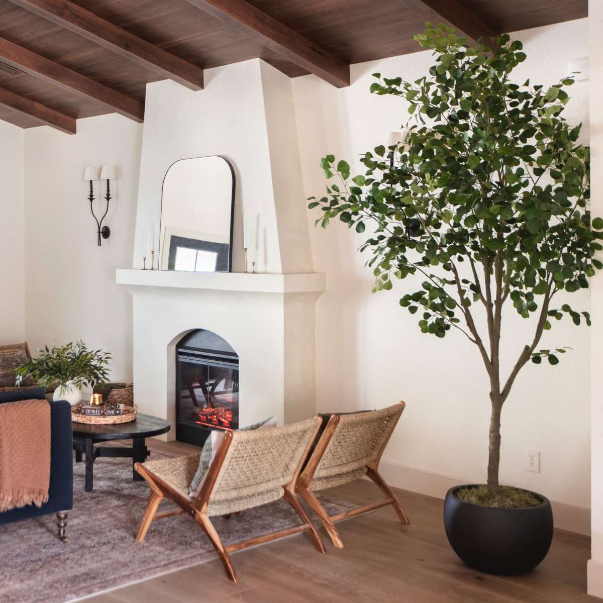 A modern living room featuring a blue sofa, two woven chairs, a fireplace, and a large potted plant beside a beige wall with wooden beams.