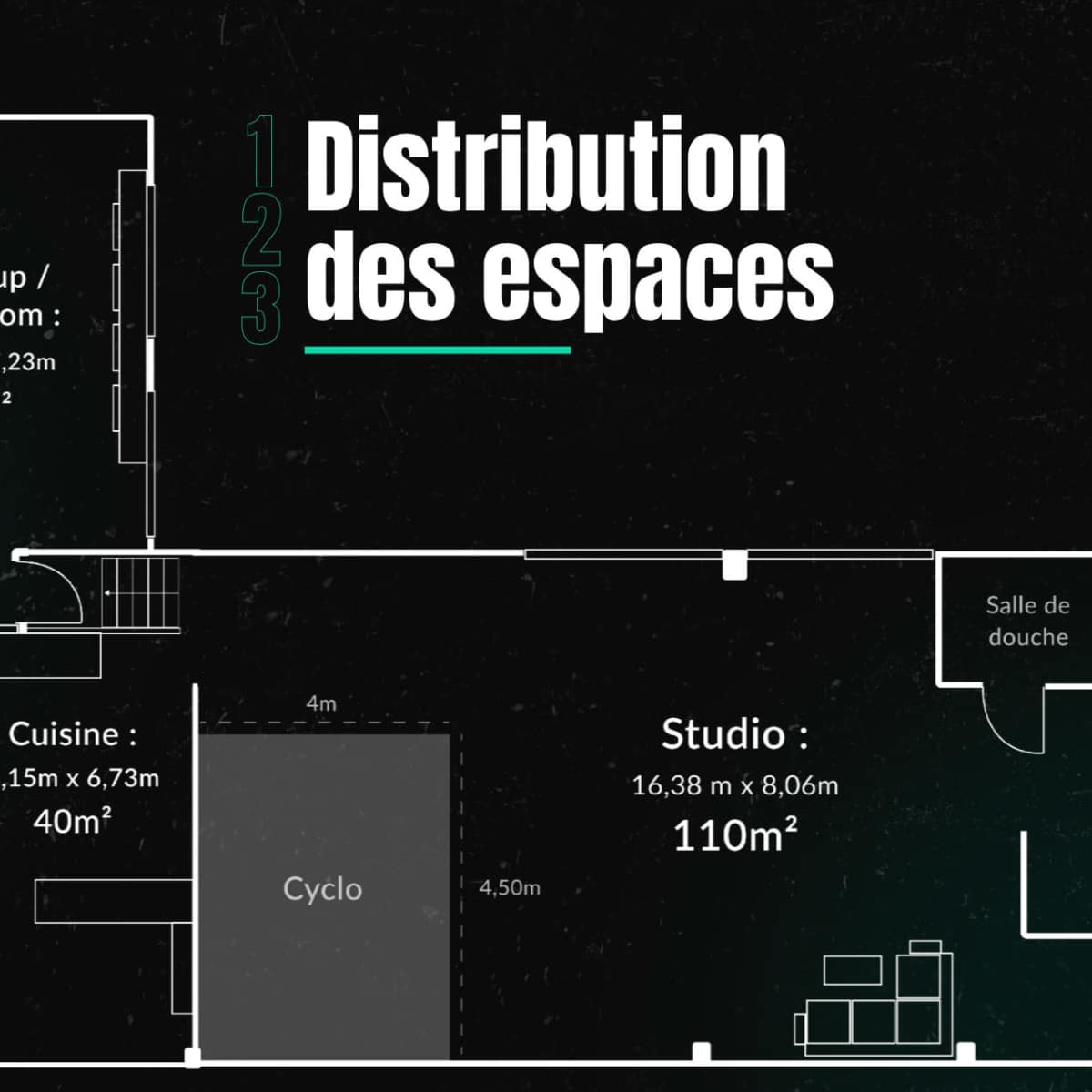 A floor plan labeled "Distribution des espaces," showing the layout of different areas including a make-up/showroom, kitchen, studio, and a space labeled "Salle de projection."