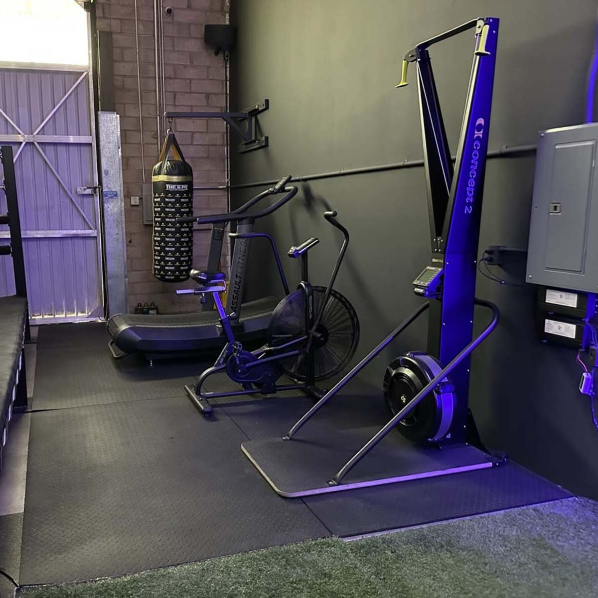 A gym area featuring a boxing ring, a punching bag, and various fitness equipment including a stationary bike and a rowing machine.