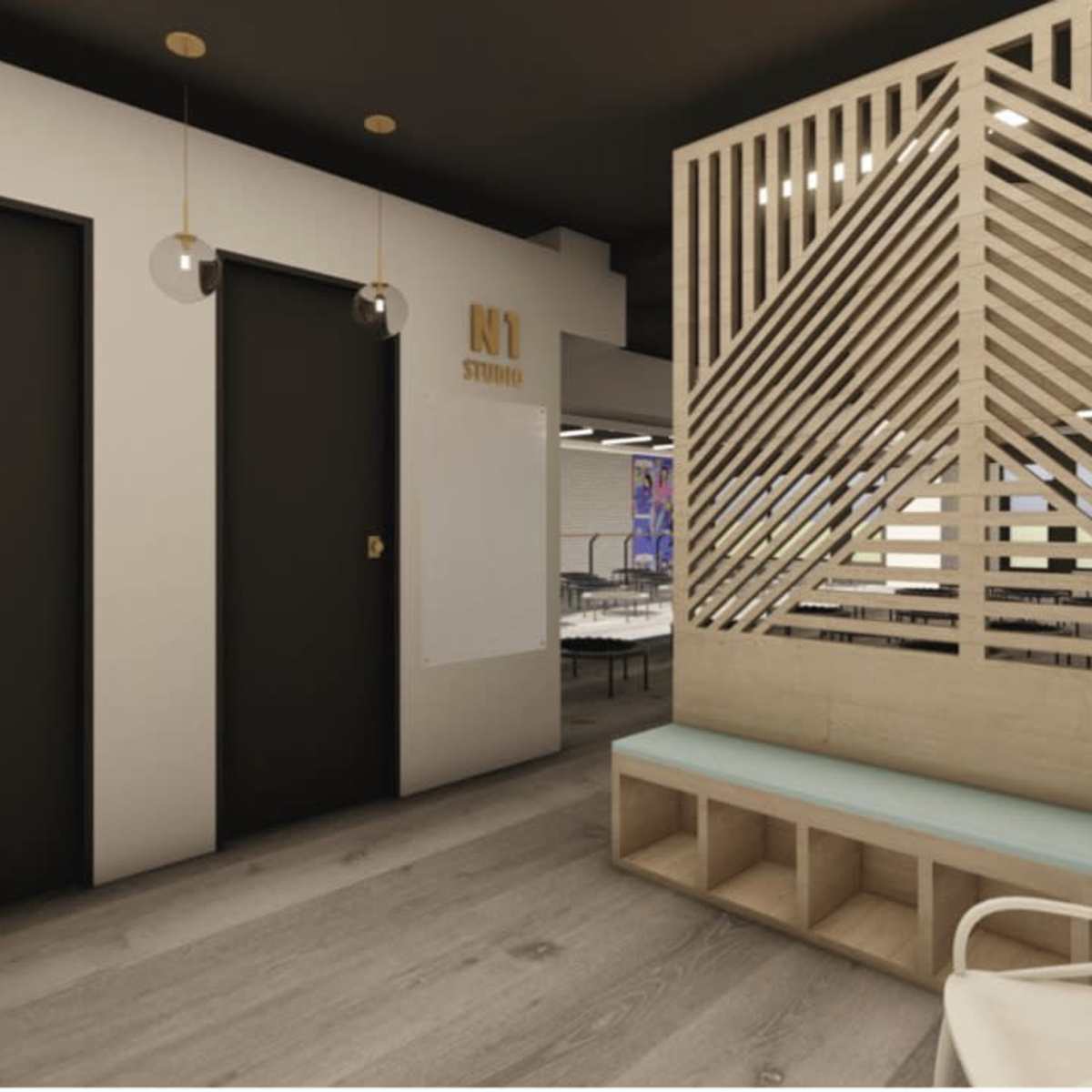 A modern interior space with two black doors, a wooden partition with diagonal slats, and a light blue seating area.