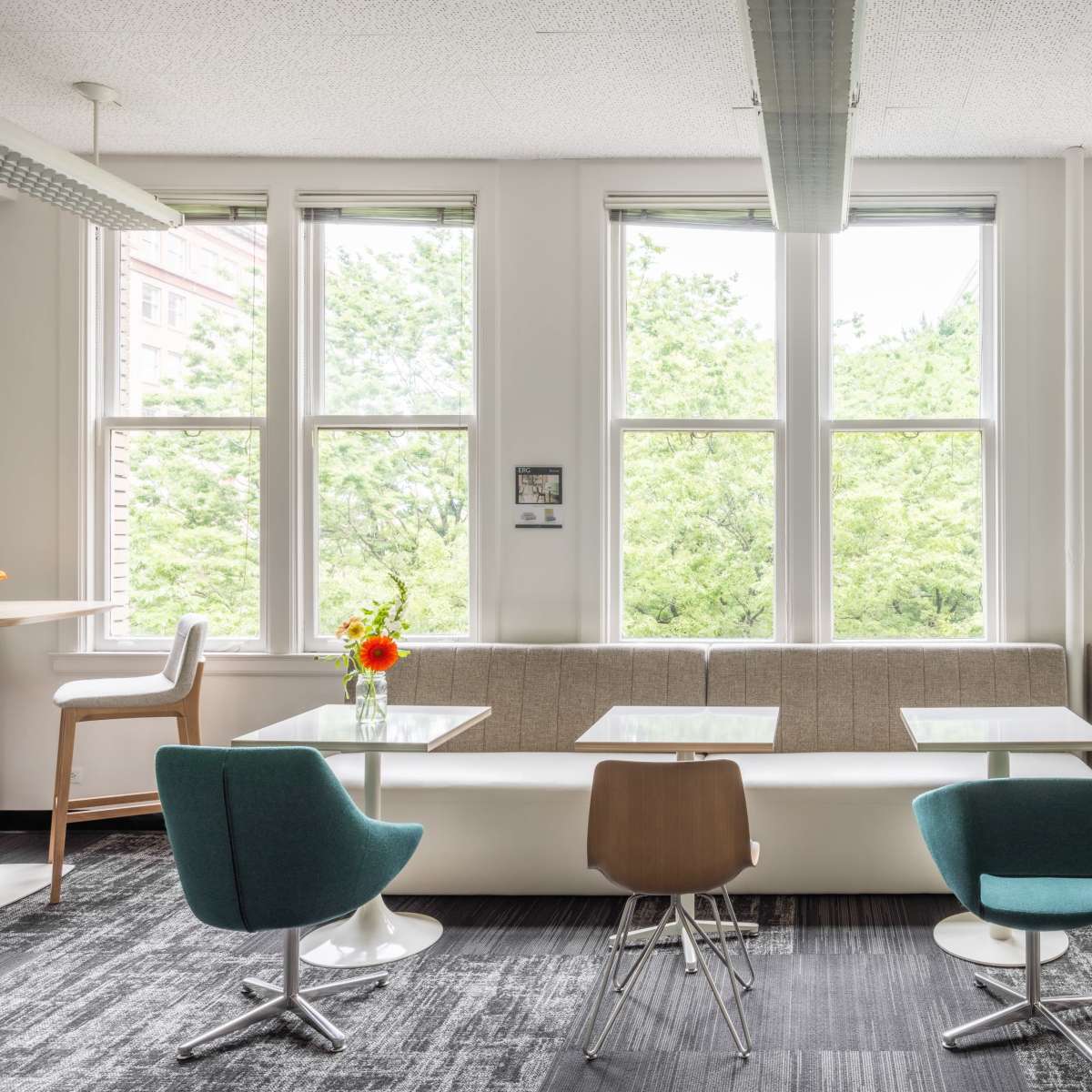 A modern café with several tables and colorful chairs arranged near large windows that overlook greenery.
