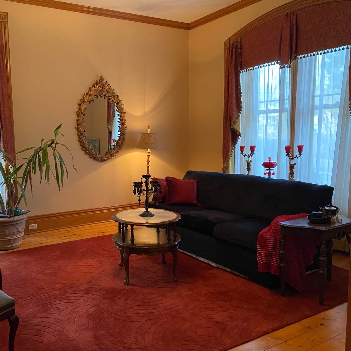 A living room featuring a dark sofa, a round coffee table, a potted plant, and decorative windows with sheer curtains.