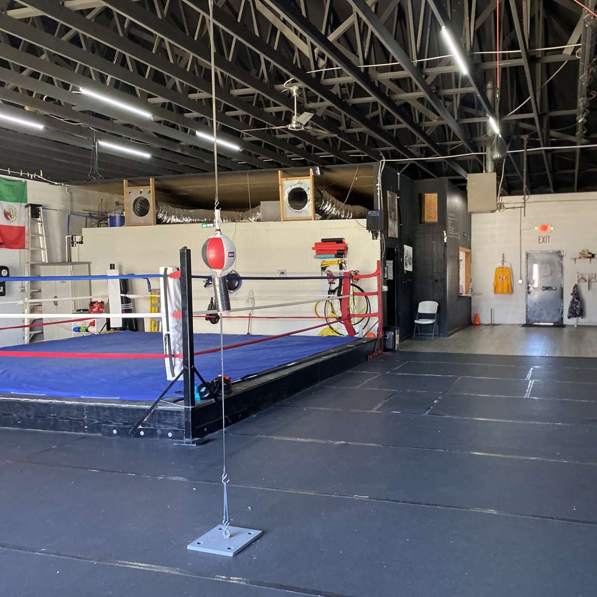 A boxing gym with a blue ring, red ropes, and various training equipment against a backdrop of exposed ceilings and walls.