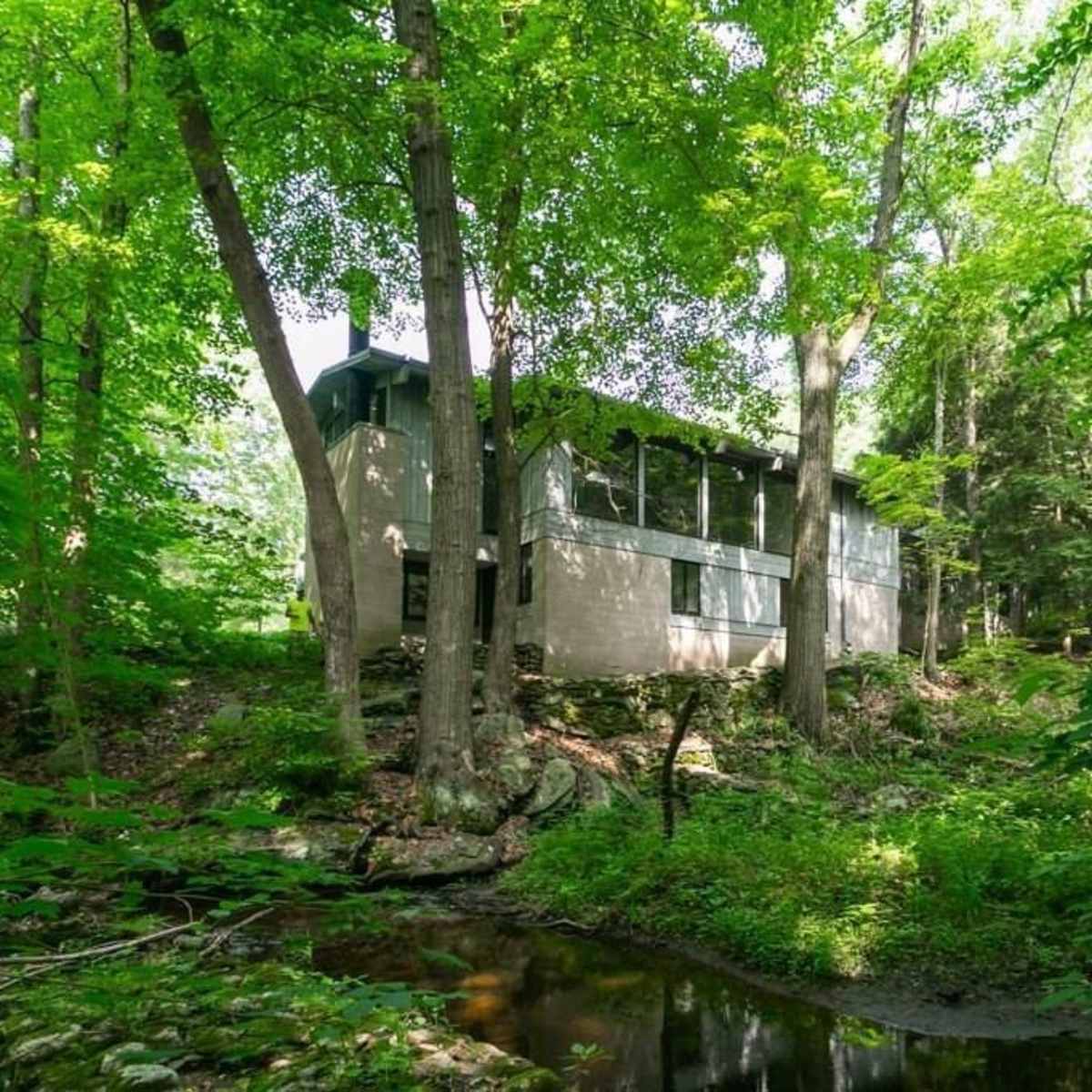A modern house is nestled among tall trees near a small stream in a wooded area.