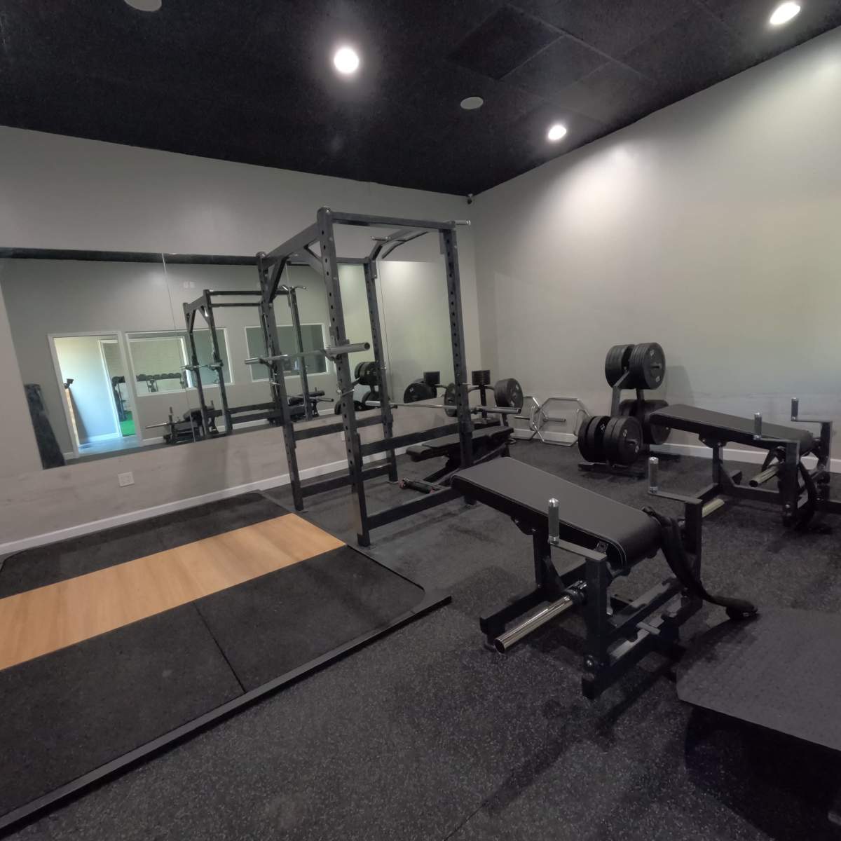 A gym interior featuring a power rack, weight plates, benches, and a mirrored wall.