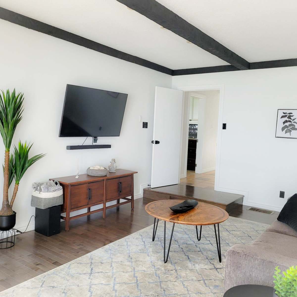 The room features a minimalist design with a television mounted on the wall, a wooden coffee table, a sofa, and a potted plant beside a side table.