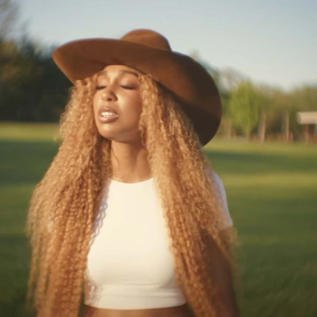 A woman with long, curly hair wearing a wide-brimmed hat stands in a grassy field.