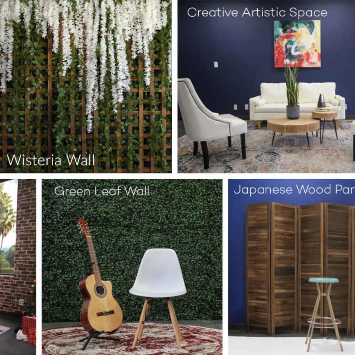 Various styled photography backdrops, including a wisteria wall, a green leaf wall, and Japanese wood panels, presented in a creative artistic space.