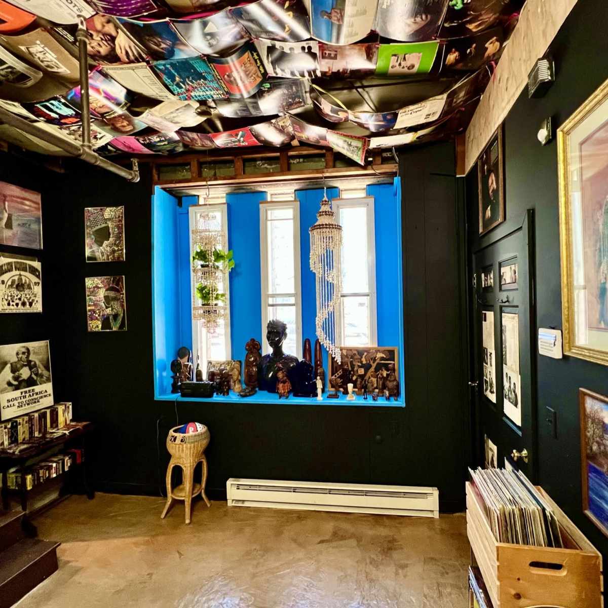 The room features a collection of framed artwork and vinyl records displayed on the ceiling, with a window adorned by plants and decorative items.