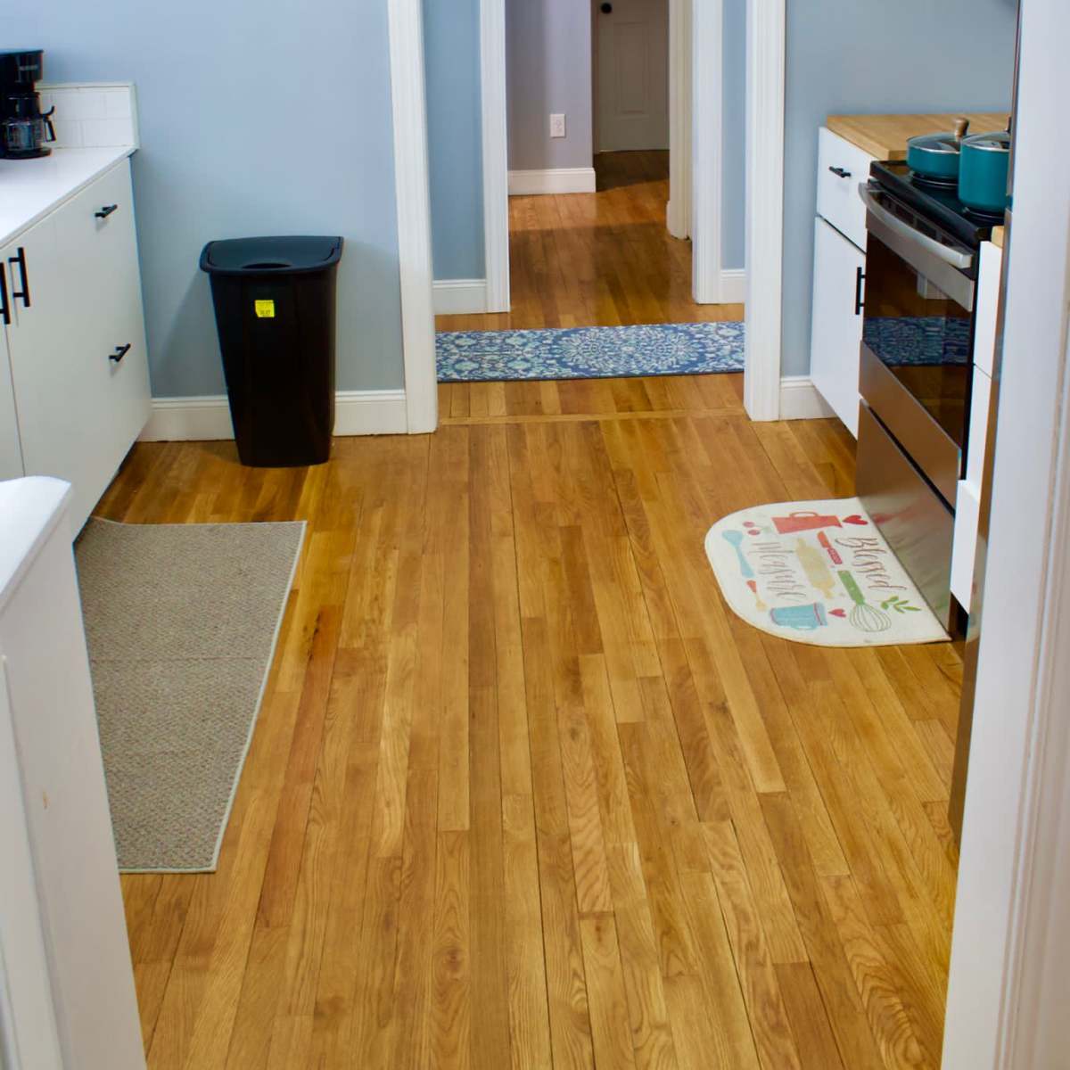 A kitchen with wooden floors, blue walls, and a doorway leading to another room is shown, featuring a black trash can, a gray rug, and stainless steel appliances.