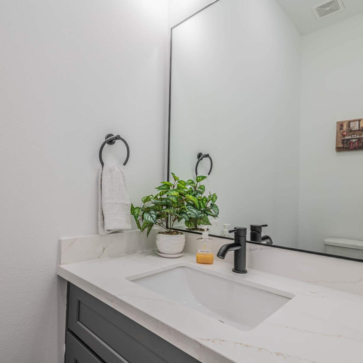 A modern bathroom with a white sink, a dark gray cabinet, a small green plant, and a mirror reflecting a minimalistic interior.