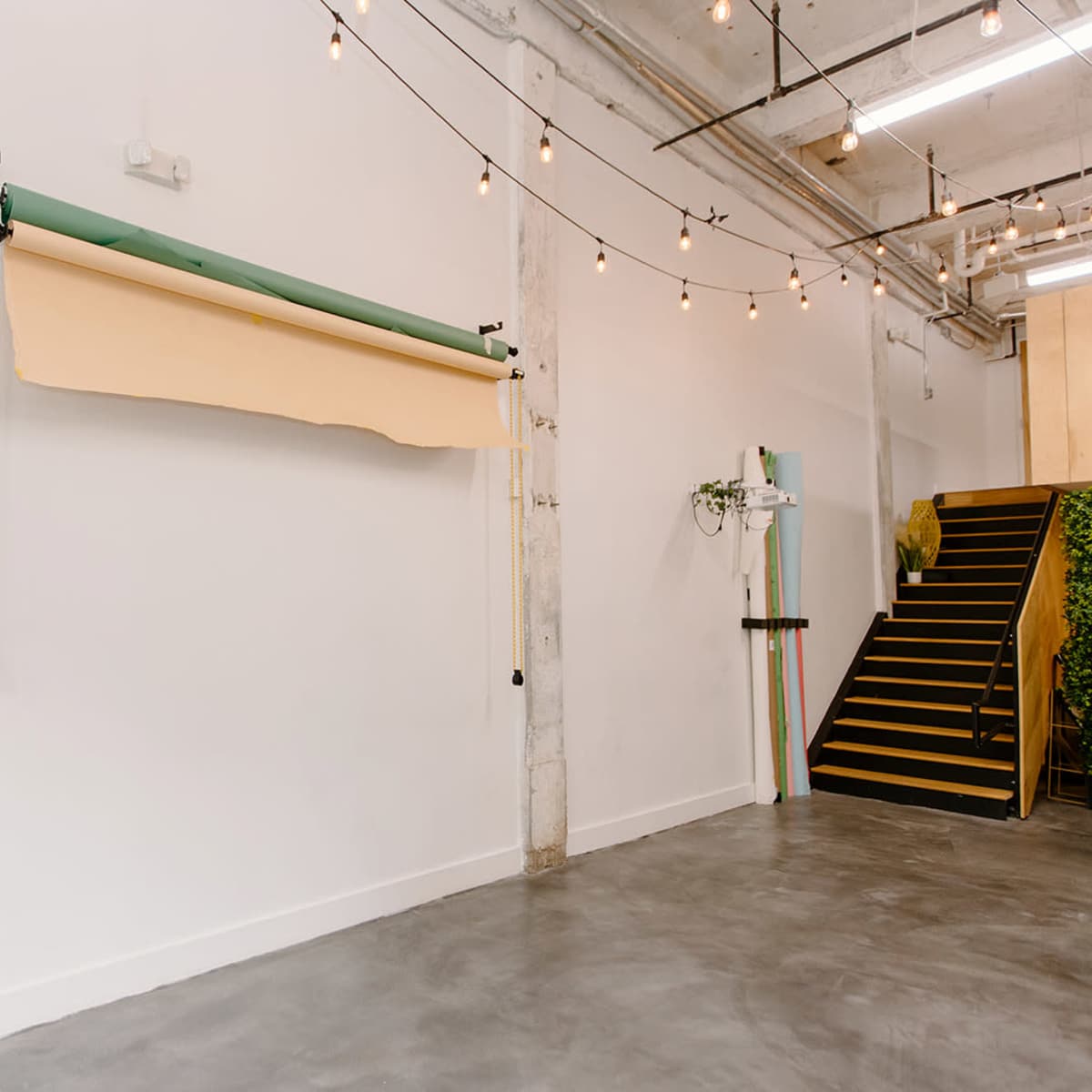 A blank wall with a paper roll mounted above it and a staircase in the background, illuminated by string lights.