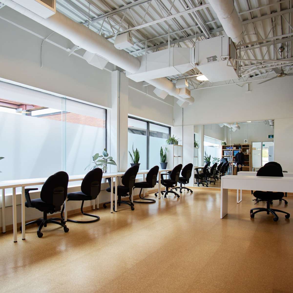 A modern office space with large windows, several desks and chairs, and potted plants along the walls.