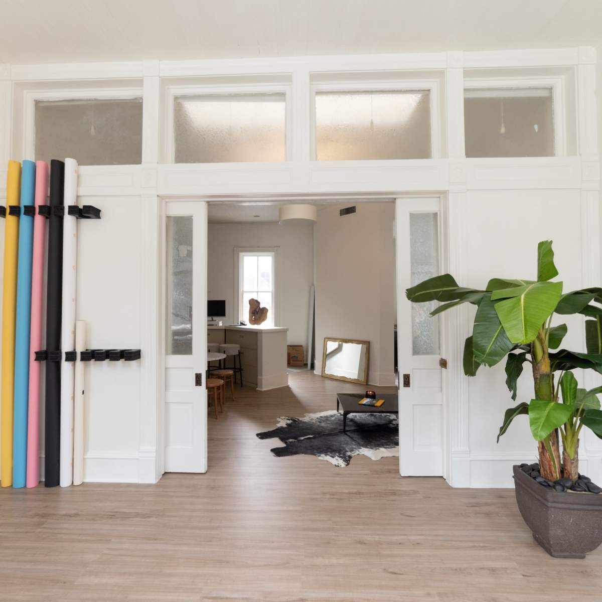 A bright interior space with a doorway leading to another room, featuring colorful backdrop rolls on one side and a potted plant near the entrance.