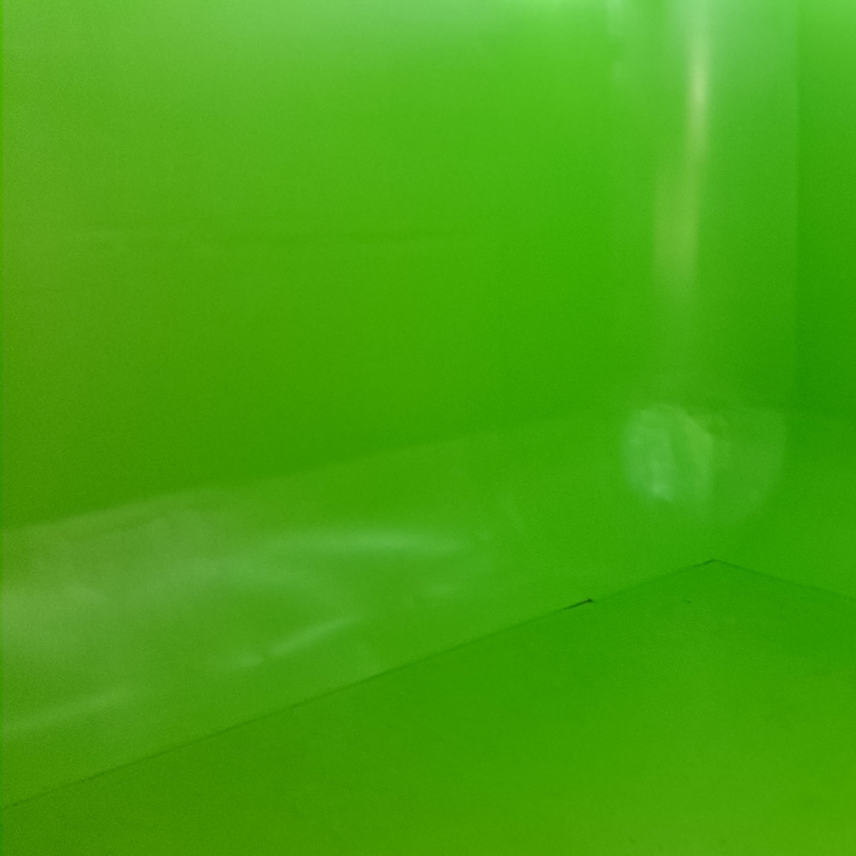A room with bright green walls and floor forming a corner.