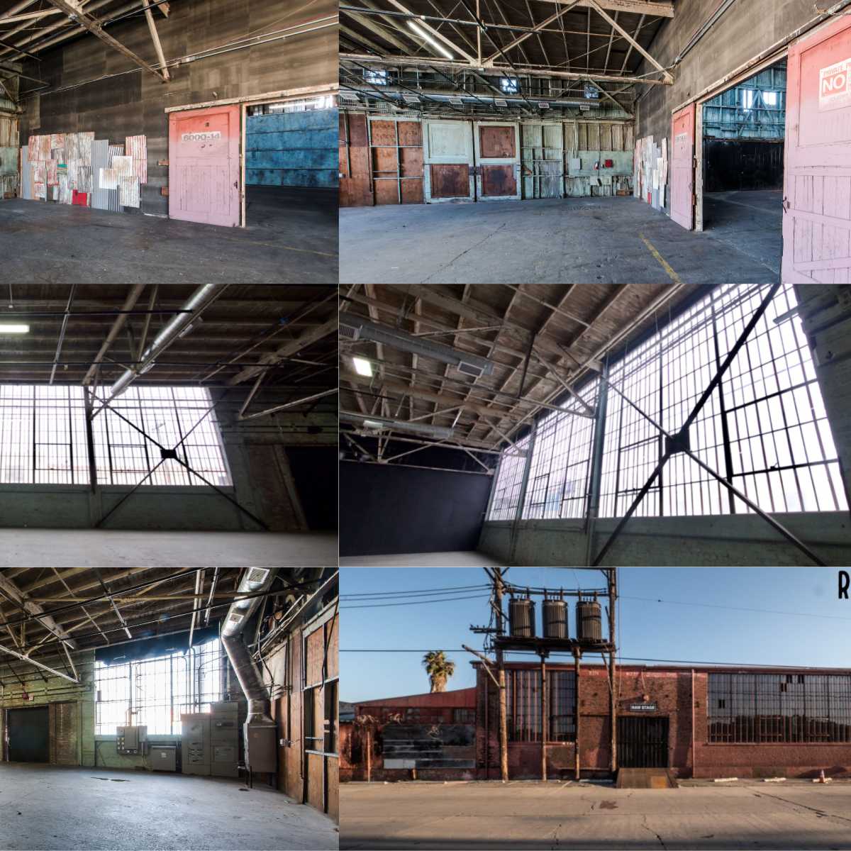 A large, industrial space with multiple views, featuring high ceilings, large windows, and various wooden doors in an urban setting.