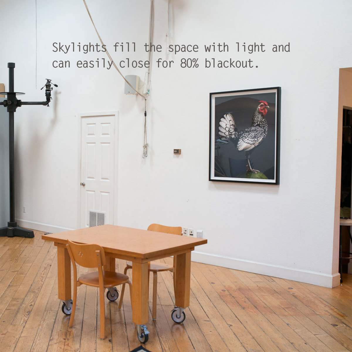 A well-lit studio space with skylights, featuring a wooden floor, a table with two chairs, and a large black-and-white photograph of a chicken on the wall.