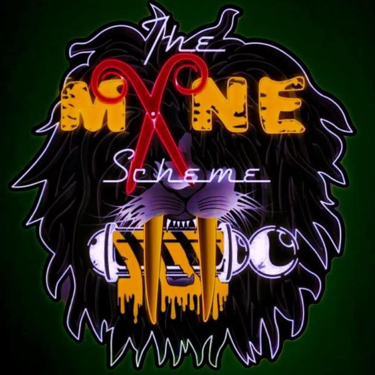 A lion's head outlined in neon, with the words "The MYNE Scheme" in bold and stylized text, and a pair of red scissors integrated into the design.