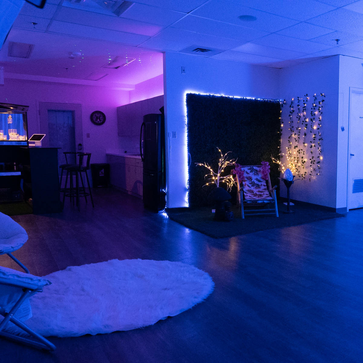 A modern room with purple lighting, featuring a relaxation area with a chair and decorative plants, and textured wall designs.