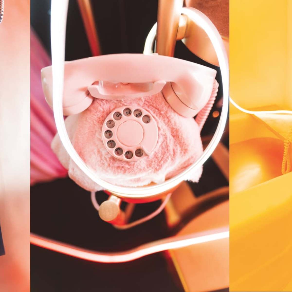 A triptych of vintage telephones set against colorful backgrounds, showcasing various telephone designs and colors.