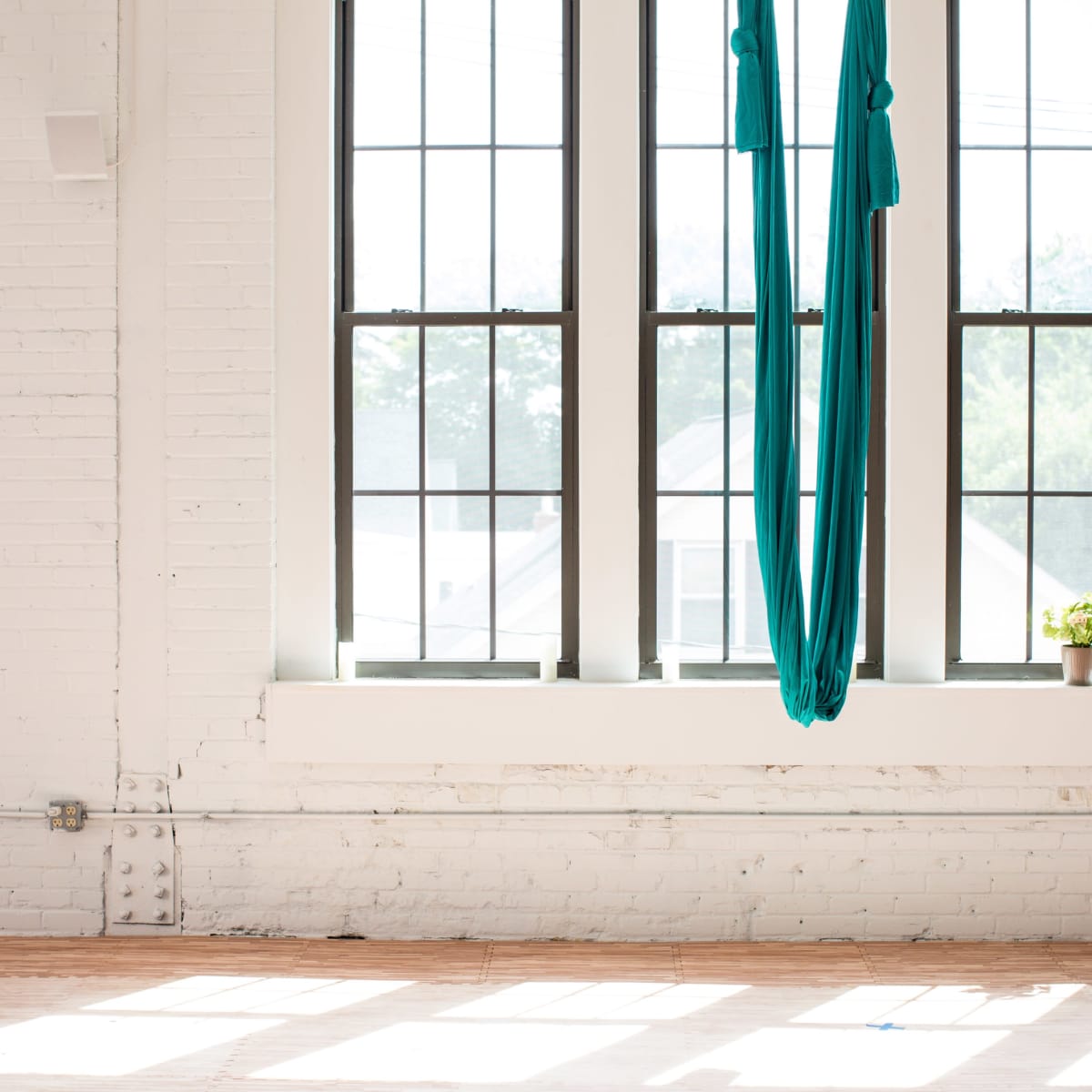 A spacious room features large windows with natural light and a pair of hanging aerial silks.