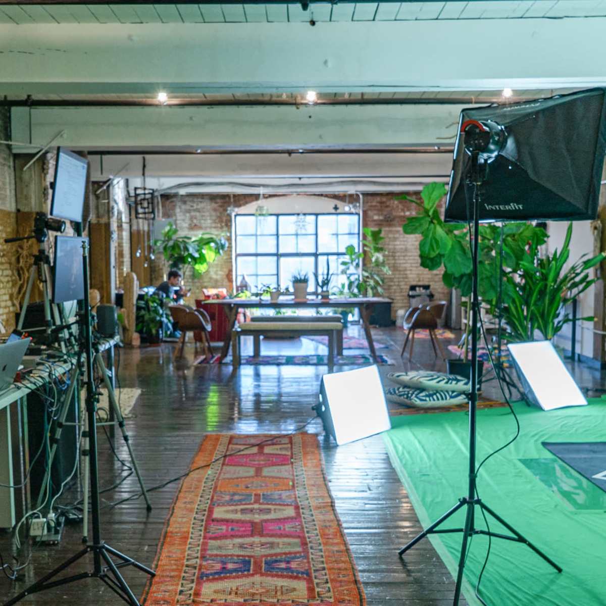 A bright studio space with a green screen setup, various plant decorations, and multiple workstations arranged in an open layout.