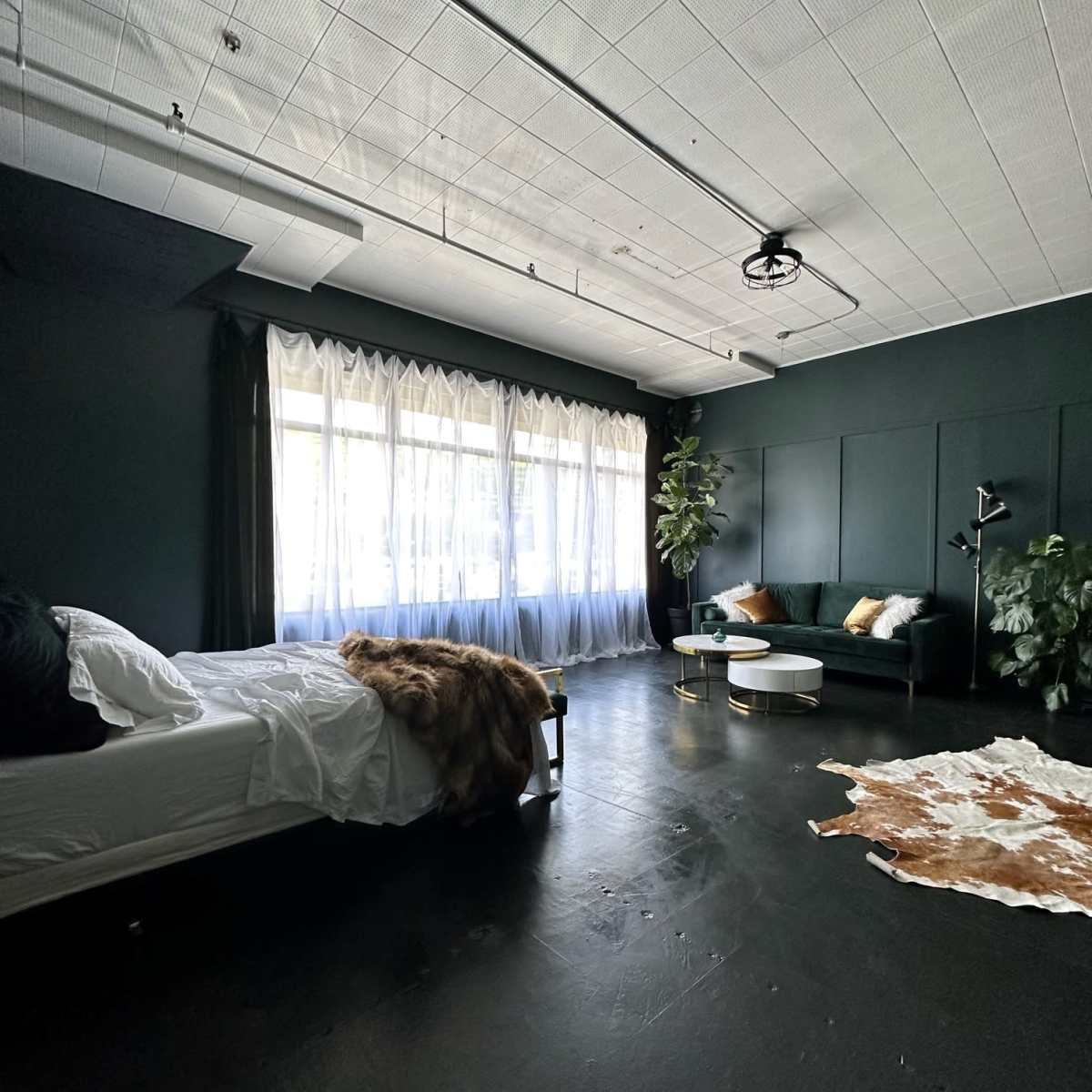 A dark-themed bedroom with a bed, a sofa, a large window covered with sheer curtains, and a decorative rug on the floor.