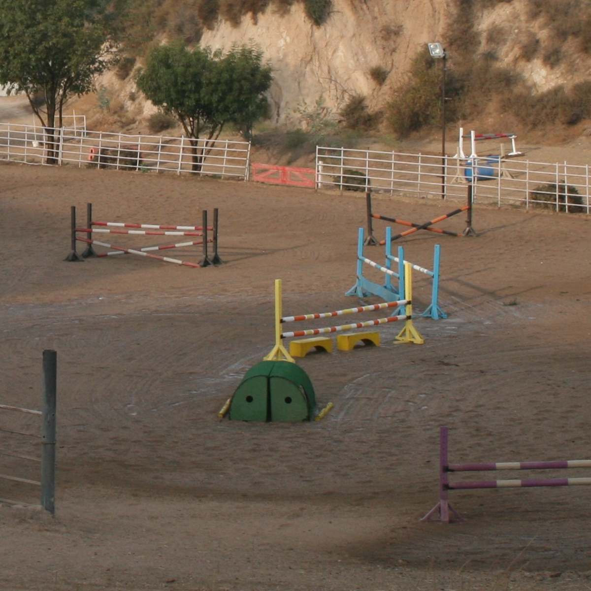 An outdoor equestrian arena with colorful jump obstacles set up on a sandy surface, surrounded by fences and trees.