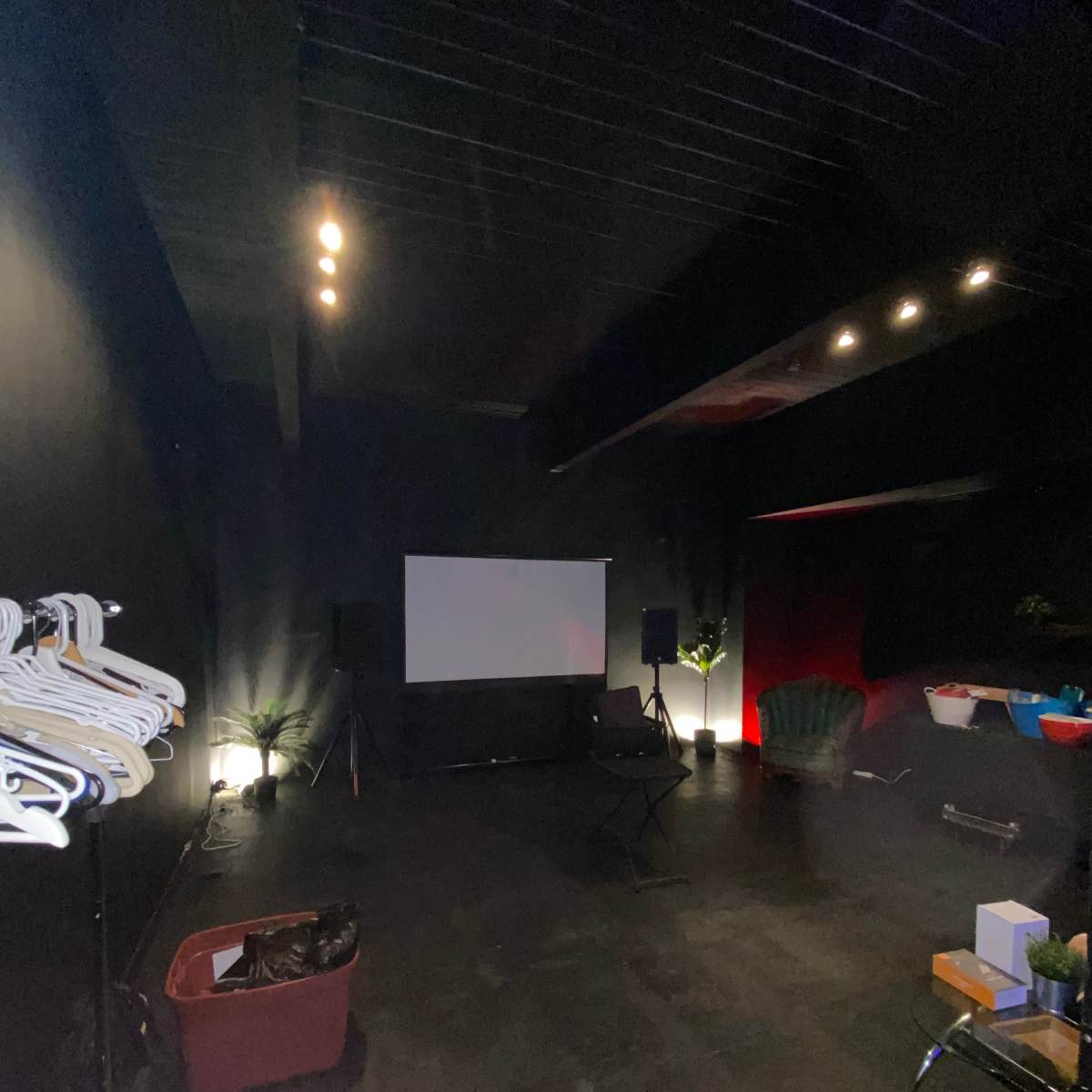 A dimly lit room with a blank projection screen, speaker stands, various furniture, and some hanging clothes on a rack.