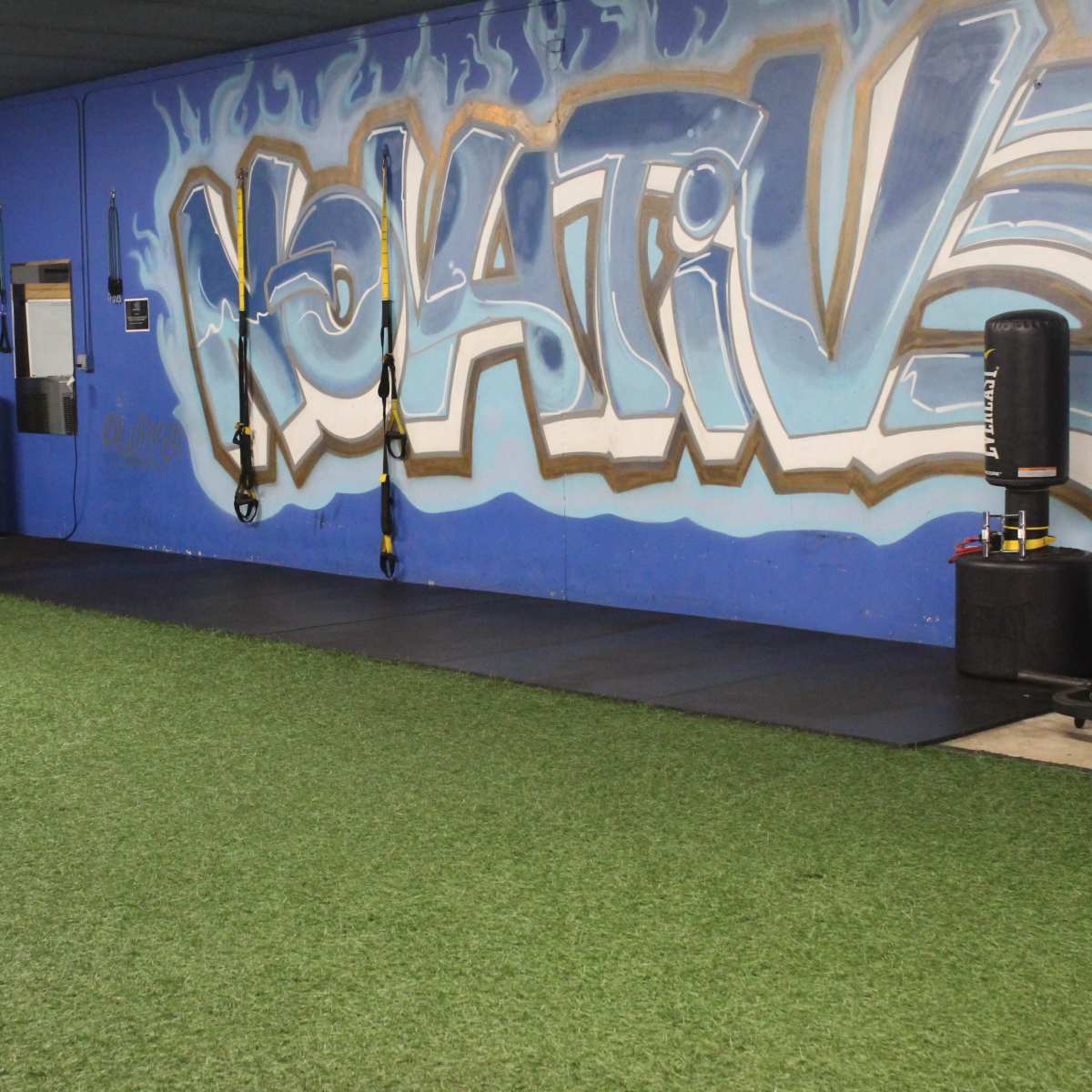 A gym space with artificial turf, a blue wall featuring graffiti that says "Volative," and fitness equipment including punching bags and suspension training straps.
