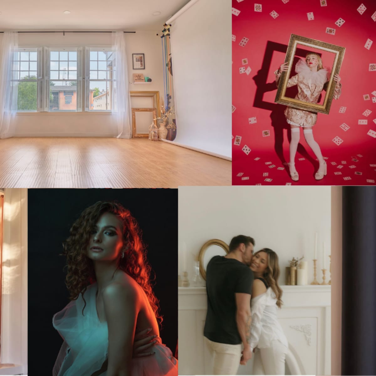 A collage of various scenes, including an empty room with a fireplace, a woman posing with a picture frame against a red backdrop, a room with bookshelves and a piano, a mirror reflecting a woman in soft lighting, and a couple standing together near a fireplace, along with a display