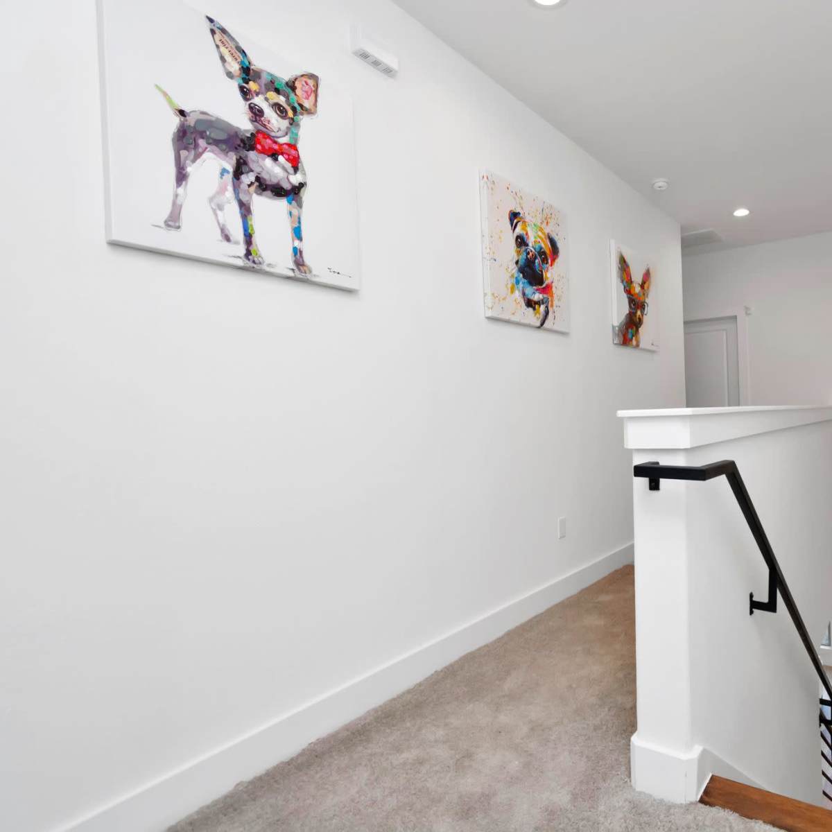 A hallway with a carpeted floor, featuring animal-themed artwork on the walls and a staircase leading downwards.