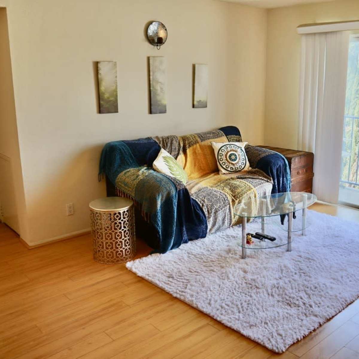 A cozy living room with a sofa draped in blankets, a glass coffee table, and a large rug on a wooden floor, featuring a view of trees through sliding glass doors.