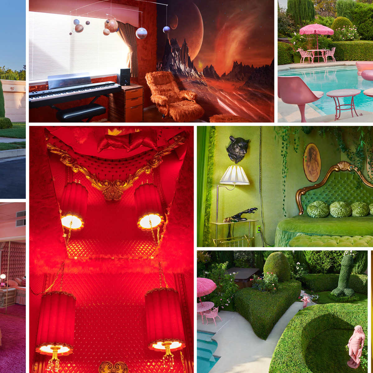 A collage features various vibrant scenes of a retro-themed house with brightly colored furnishings, lush landscaping, and a swimming pool area.