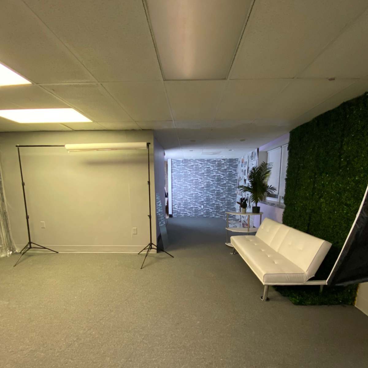 A spacious room with a white couch, a backdrop setup for photography, and a green wall covered in plants.